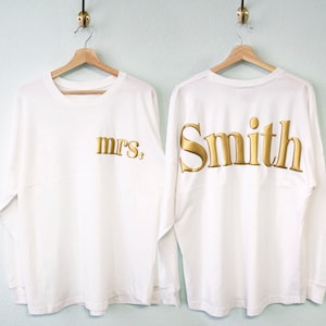 GOLD METALLIC Puff Print MRS. Shirt Custom Last Name Long Sleeve, Embossed Wedding Sweatshirt, Honeymoon Shirts, bridal gift, gift for bride
