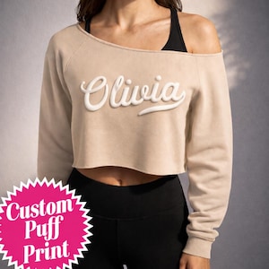 CUSTOM Puff Print Cropped Off Shoulder Sweatshirt for Women, Women’s Personalized Crop top,  Logo Studio Merch Trendy Fitness