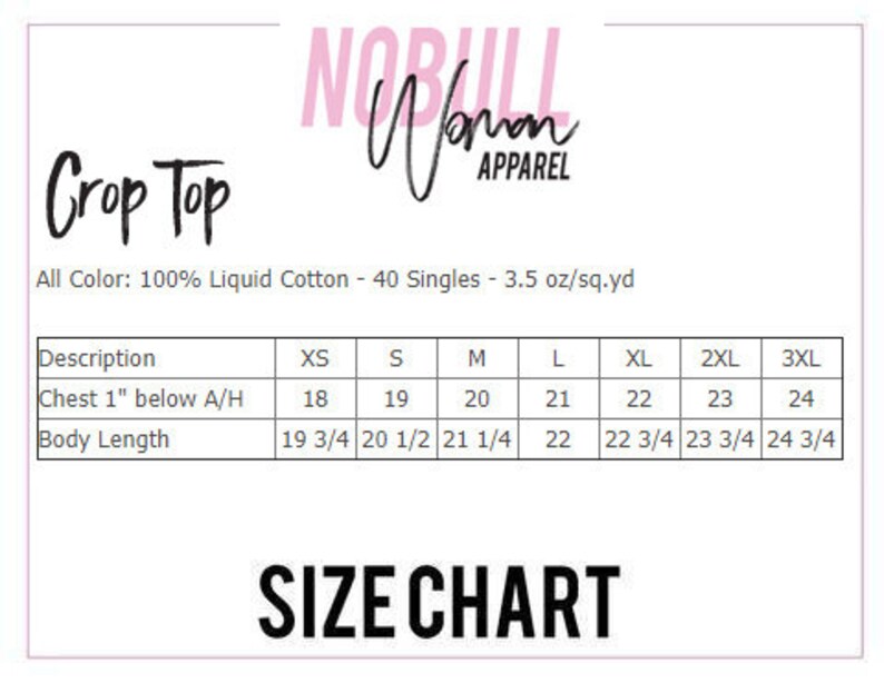 K&ouml;nnte beinhalten: Gr&ouml;&szlig;entabelle f&uuml;r ein Crop-Top aus 100% fl&uuml;ssiger Baumwolle. Die Tabelle zeigt die Ma&szlig;e in Zoll f&uuml;r Brustumfang und K&ouml;rperl&auml;nge f&uuml;r die Gr&ouml;&szlig;en XS, S, M, L, XL, 2XL und 3XL.