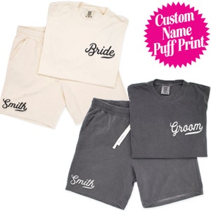 Puff Print Bride & Groom Shirt and Shorts Gift Set, Embossed Bride shirt, Bride shorts, newlywed Honeymoon outfit, Just Married Wedding gift