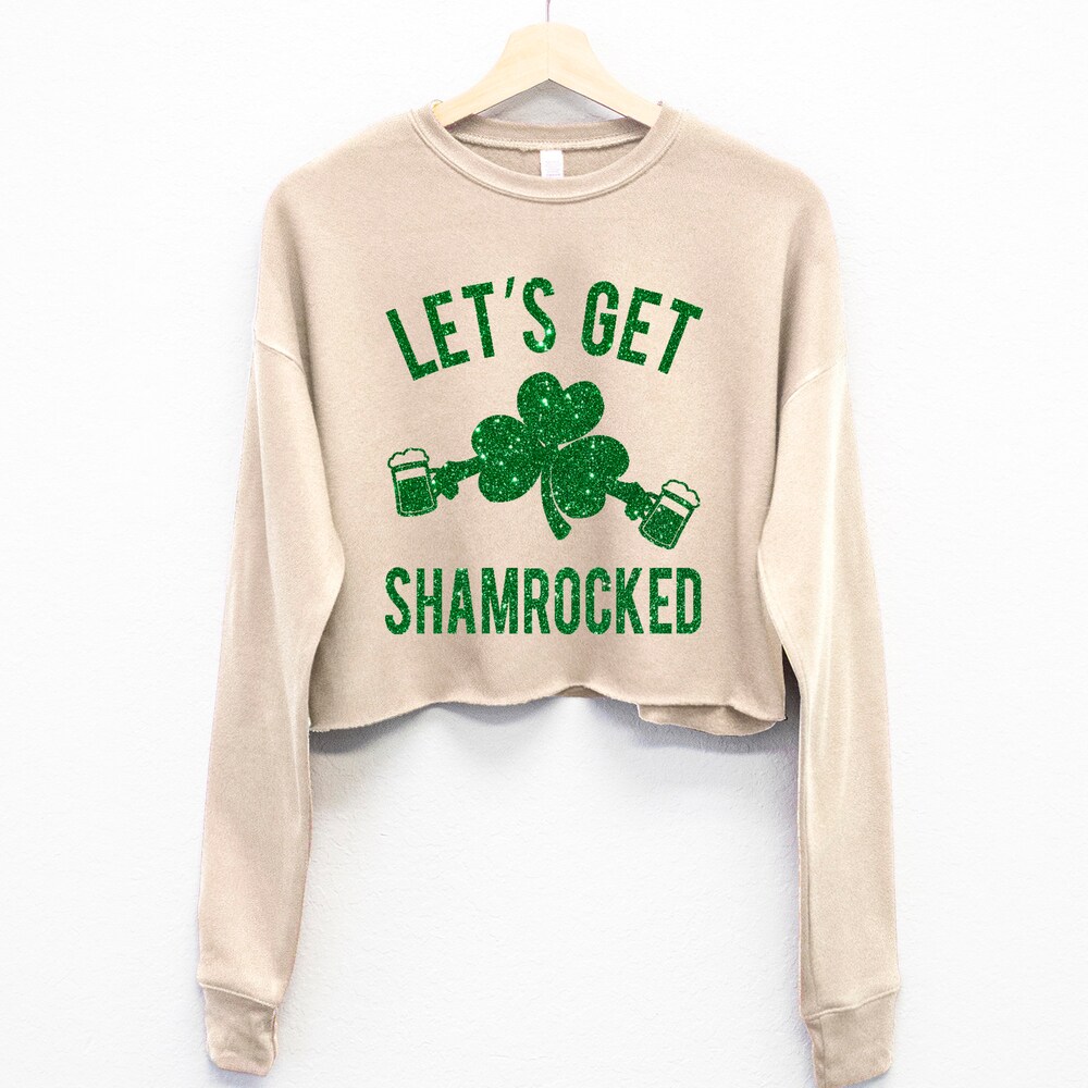 Glitter Let'S Get Shamrocked St. Patrick'S Day Crop Sweatshirt, Womens St Patty'S Day Crop Tops, Glitter Saint Patricks Day Shirts For Women Moderndaydecors