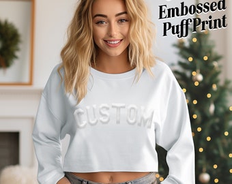 EMBOSSED CUSTOM Cropped Sweatshirt Block, Your name city team or small business, Personalized Puff Print shirts, custom cropped sweaters