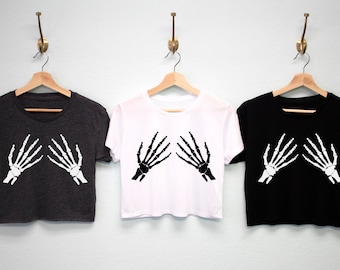 Skeleton Hands Halloween Crop Top, Halloween Shirt, Skeleton Crop Top, Skeletons t-shirts, Halloween cropped tops, Fall shirts, fall clothes