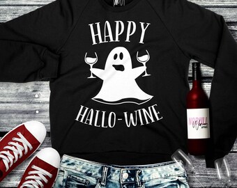 HAPPY HALLO WINE Halloween Sweatshirt Ghost Rundhalsausschnitt, Hallowine Shirt, Halloween-Shirt, Damenshirt Halloween, Halloween-Pullover