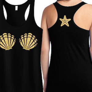 MERMAID Gold Sea Shells Tank Top with Starfish Back Print, Choose Color, Mermaid Tanks, Summer, Beach Tank Tops
