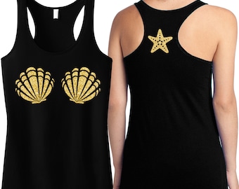 MERMAID Gold Sea Shells Tank Top with Starfish Back Print, Choose Color, Mermaid Tanks, Summer, Beach Tank Tops