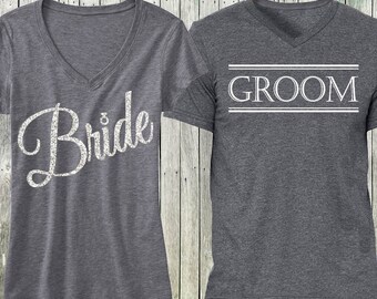 Bride Shirt Gray Script + Groom Shirt Special Deal, Bride Vneck, Wedding shirt, groom, Groom shirt, wedding