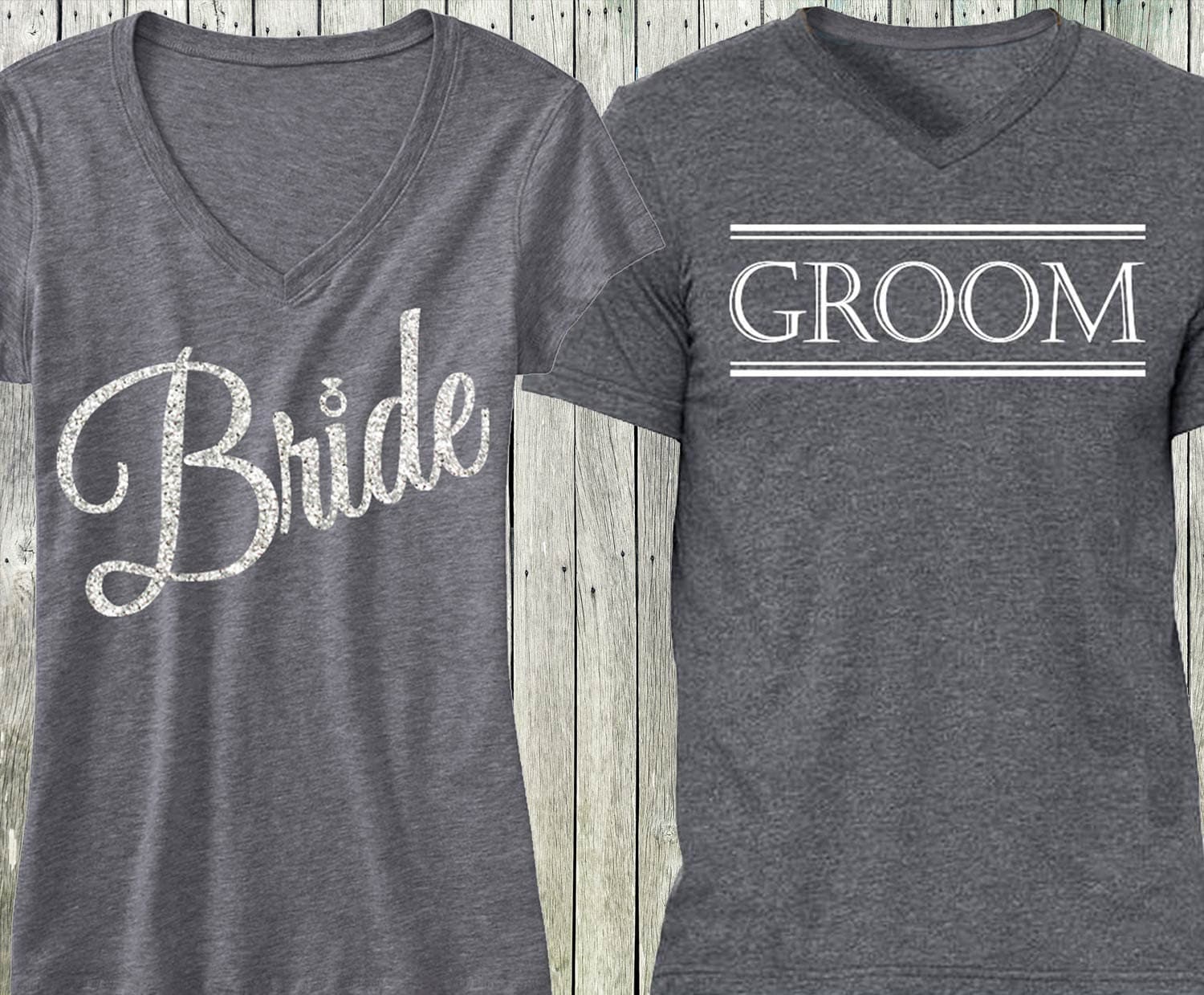 Bride Shirt Gray Script + Groom Shirt Special Deal, Bride Vneck ...
