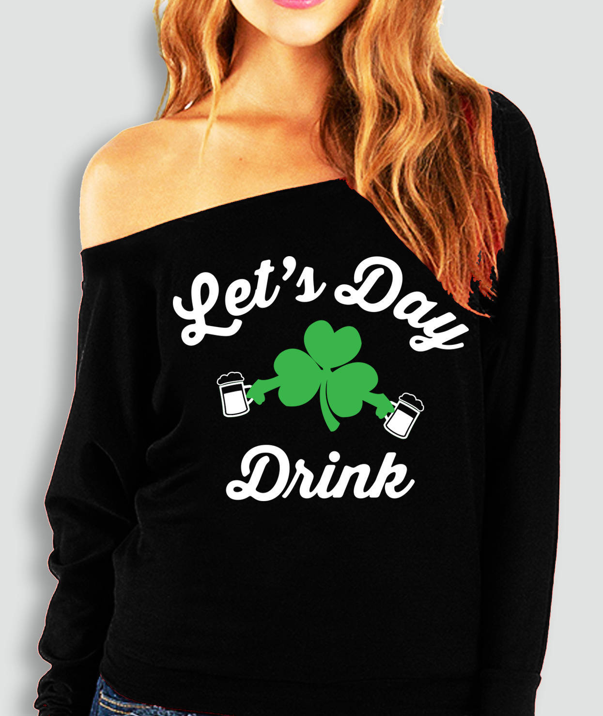 St. Patrick's Day Women's Off The Shoulder Top - Kelly Green Four Leaf Clover Shirt, Short Sleeve Holiday Tee - View #8