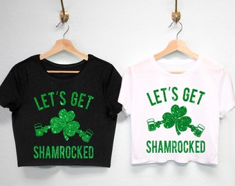 LET'S GET SHAMROCKED Glitter St. Patrick's Day Crop Top, St. Patty's Day Cropped Shirt, women's st patricks day parade glitter t-shirt