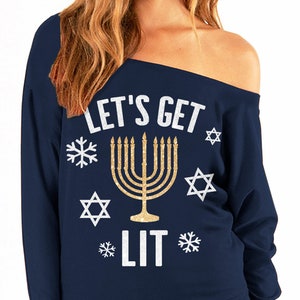 LET'S GET LIT Hanukkah Slouchy Sweatshirt Gold & Silver Glitter Print - Hanukkah Sweater, Funny Hanukkah shirts, menorah Jewish shirts