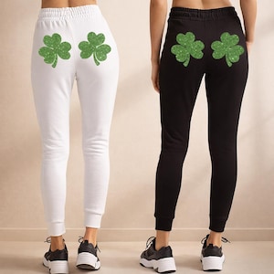St. Patrick’s Day Glitter Shamrock Joggers for Women – Funny Irish Sweatpants, Lucky Clover Lounge Pants, Festive Green Shamrock Pants