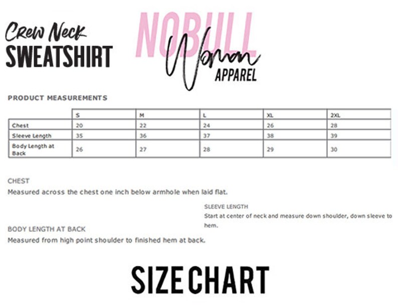 May include: Size chart for a crew neck sweatshirt with measurements in inches for chest, sleeve length, and body length at back. Sizes range from S to 2XL.