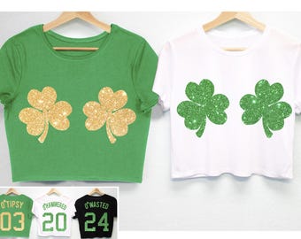 SHAMROCKS BIKINI GLITTER St. Patrick's Day Crop Tops, O'Tipsy shirt, St Patty's Day cropped top, shamrock St Patty's Day Shirts for women