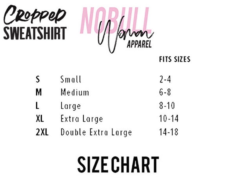 May include: Size chart for cropped sweatshirts. Sizes range from small to double extra large, with corresponding UK women's sizes from 2-4 to 14-18.