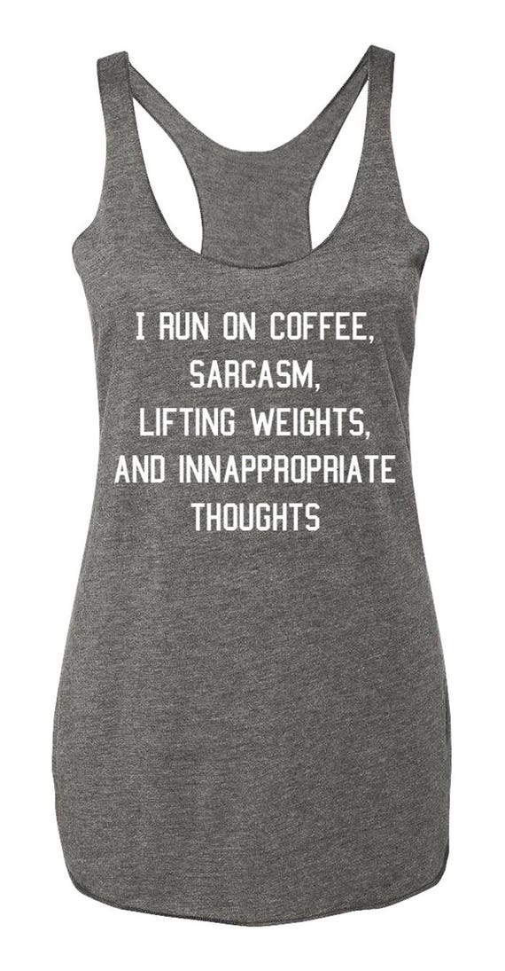 COFFEE SARCASM & WEIGHTS Workout Tank Heather Gray, Funny Gym Tank