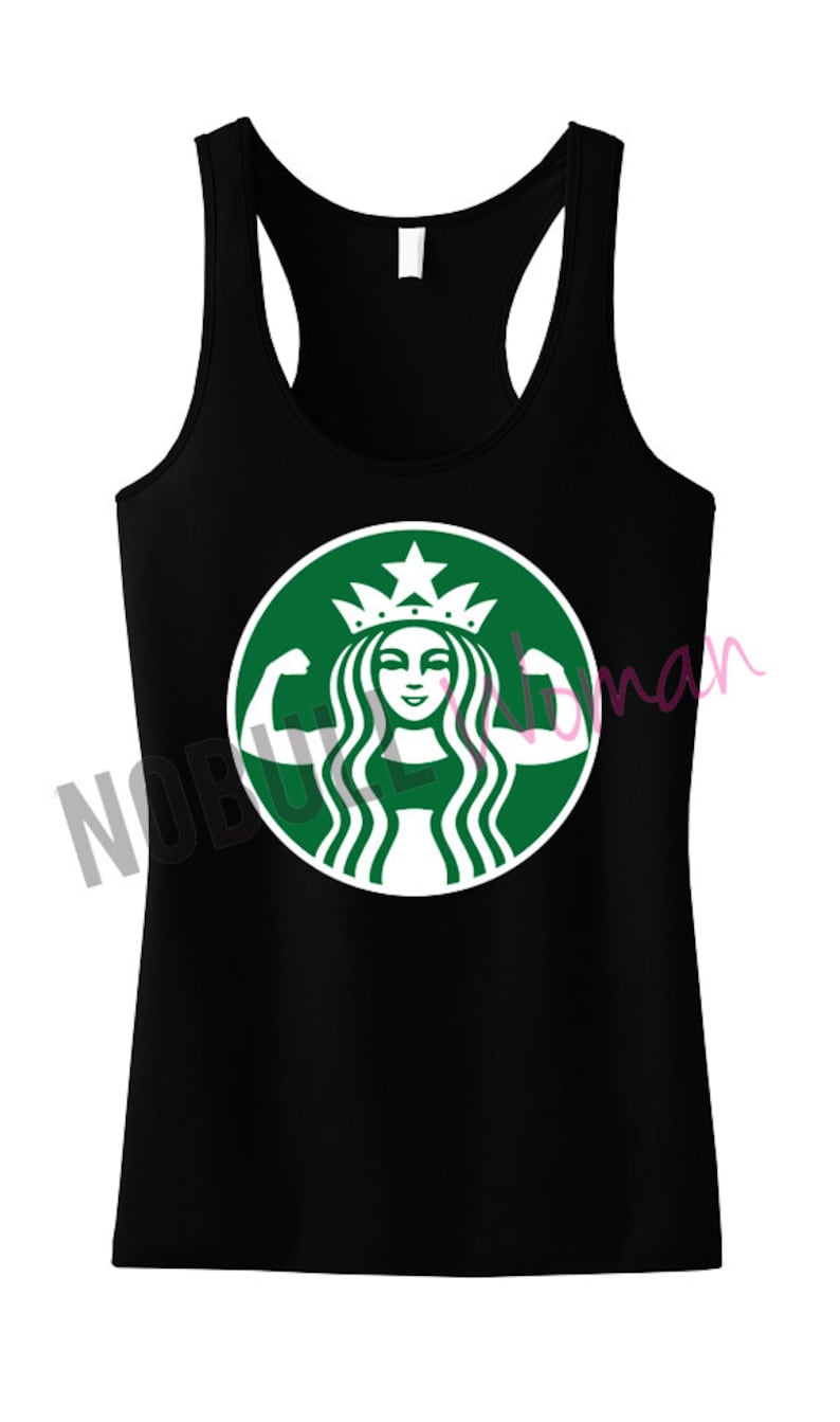May include: Black tank top with a green and white graphic of a woman with a crown and flexing her biceps. The graphic is a parody of the Starbucks logo.