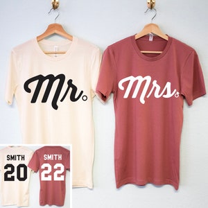 MR & MRS Shirts Set MAUVE and Natural Wedding Tshirts Custom Names Numbers, wedding shirts, wedding gifts, couples matching honeymoon shirts