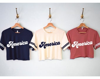 AMERICA RETRO Crop Tops, 4 luglio Crop top shirts, Fourth of July Party, retro 4th of July shirts for women, Independence Day cropped top