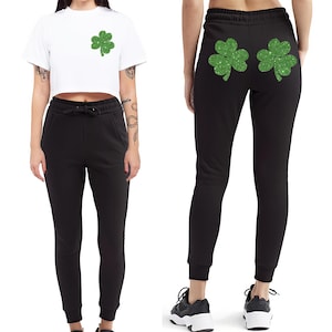 St. Patricks Day Joggers for Women GLITTER Shamrocks, Womens St Pattys Day outfit, St. Paddy&#39;s Day crop top shirts, Irish shamrock pants