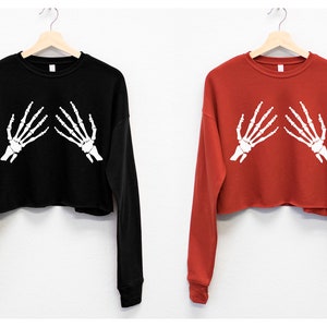 SKELETON HANDS Halloween Cropped Sweatshirt Women&#39;s Halloween Shirt, Skeleton, Fall Sweatshirts for women, Skeletons crop top sweatshirts