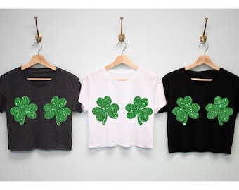 GLITTER SHAMROCKS BIKINI St Patrick's Day Shirt Cropped Tee Women, St. Patty's Day Shirt, St. Patrick's Day Shirt, Funny, Shamrocks Shirt