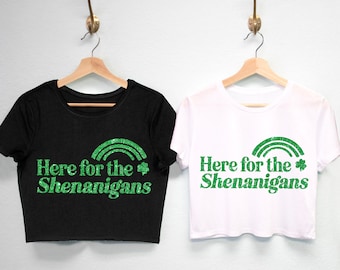 Here for the Shenanigans Women's St Patricks Day Crop Shirt, Glitter Print St Pattys Day Cropped T-shirt women, St. Patrick's Day Crop Tops