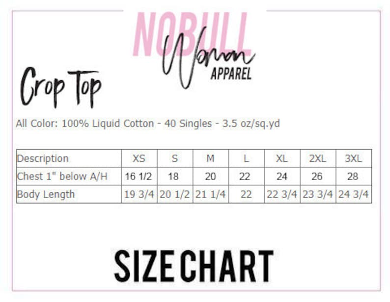 May include: Crop top size chart with measurements in inches. The chart shows sizes XS through 3XL with measurements for chest and body length.