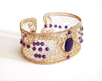 diy pdf tutorial Wire Wrapping Jewelry Filigree Amethyst Bangle,casual,occasion,gift,gilt,gold,crochet,healing,amulet,Wicca,Reiki,pattern