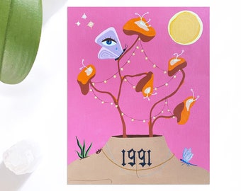 Pink Portrait Art Print: 1991 Tattoo, Dragonfly & Ladybug
