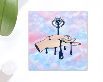 Surreal Space Art Print: Eye and Hand Painting, Unique Home Decor