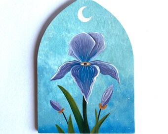 Arched Panel (5x7 inch) Iris Painting, Colorful Flower Art