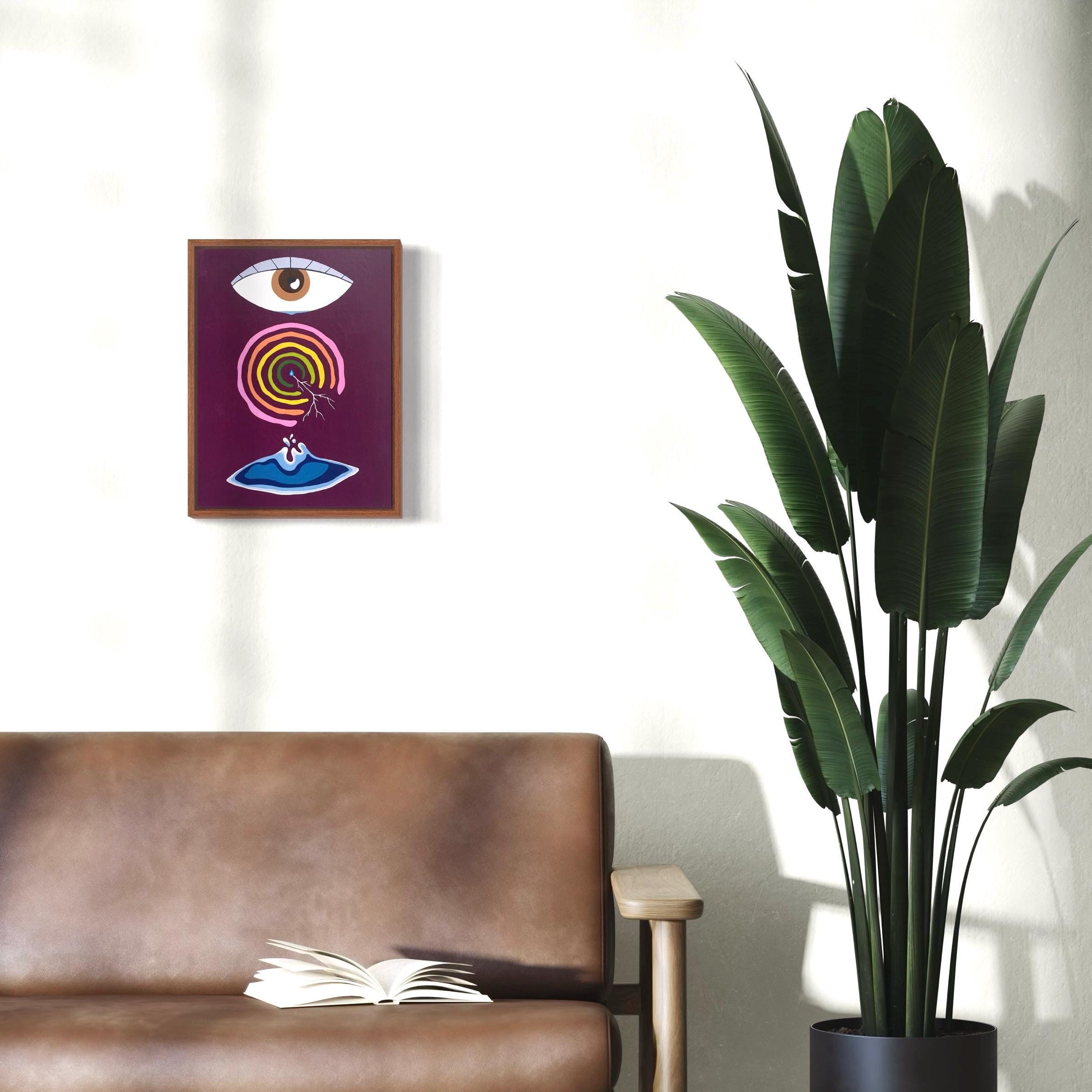 Plum Purple Surrealism Canvas Art – 12x16 Acrylic Painting with Rainbow, Eye & Water Elements