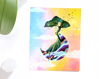 Floating Tree Art Print: Sunset Sky Magical Landscape Wall Decor (5 x 7 inch)