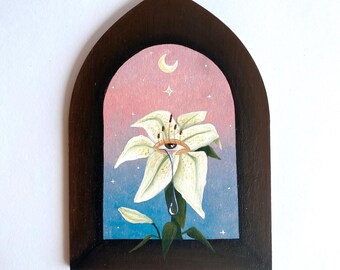Arched Panel (5x7 inch) Lily Painting, Colorful Flower Art, Surrealism