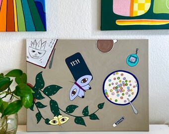 90s Nostalgic Breakfast Scene Painting – 18x24 Canvas Art with GigaPet, Butterflies & Plants