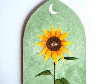 Arched Panel (5x7 inch) Sunflower Painting, Colorful Flower Art