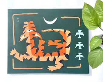 Tiger Acrylic Painting on Canvas: Naive Art Storybook Wall Decor (16 x 20 inch)