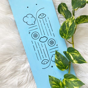 Light Blue Abstract Skateboard Art – Symmetrical Linework Acrylic Painting on Hanging Deck