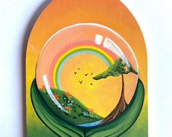 Arched Panel (5x7 inch) Colorful Painting, Dreamy Landscape Art, Surrealism