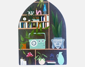 Arched Panel (5x7 inch) Cute Bookshelf Painting, Dreamy Wall Art, Buddha Plant Shelf