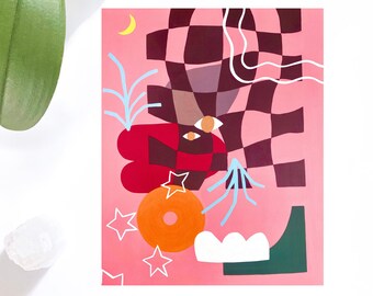 Funky Pink Checkerboard Art Print: Retro Eclectic Decor (8x10 inch)