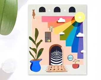 Surreal Rainbow Landscape Art Print: Eclectic Portal Wall Decor (8 x 10 inch)