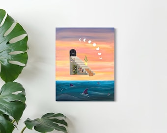 Surreal Sunset Acrylic Painting: Staircase, Sharks, Celestial Art (16 x 20 inch)