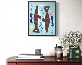Light Blue Fish Painting: 16x20&quot; Abstract Folk Art Canvas