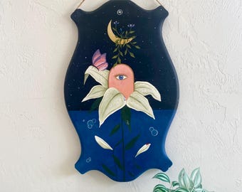 Surreal Lily Painting on Custom Wood Panel, Colorful Art, Surrealism Flower and Butterfly Painting, Hanging Wall Art