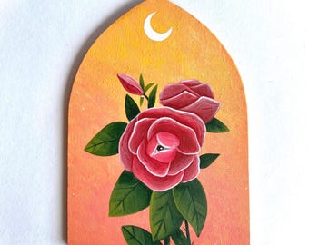 Arched Panel (5x7 inch) Rose Painting, Colorful Flower Art