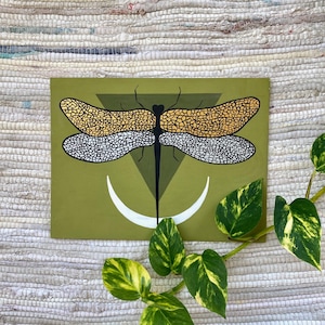 Olive Green Dragonfly Painting – 12x9&quot; Insect Art on Canvas Panel, Nature-Inspired Wall Decor