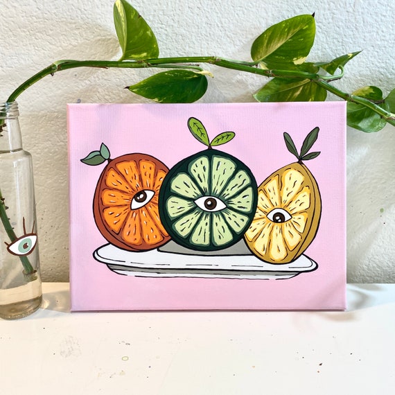 Fruits With Eye Painting – 9x12 Inch Pink Acrylic Canvas Art, Cute