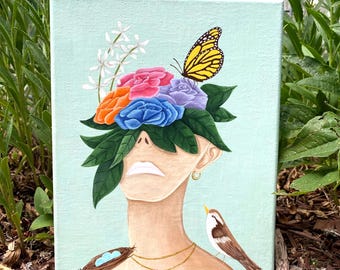 Flower Bouquet Painting, Woman Portrait with Plants and Birds– 8x10 Inch Aqua Green Canvas Wall Art, Boho Decor